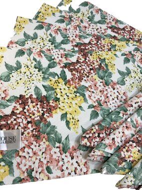 House & Garden 4 Placemat Set & 6 Napkins Hydrangeas Pink Yellow Spring Summer